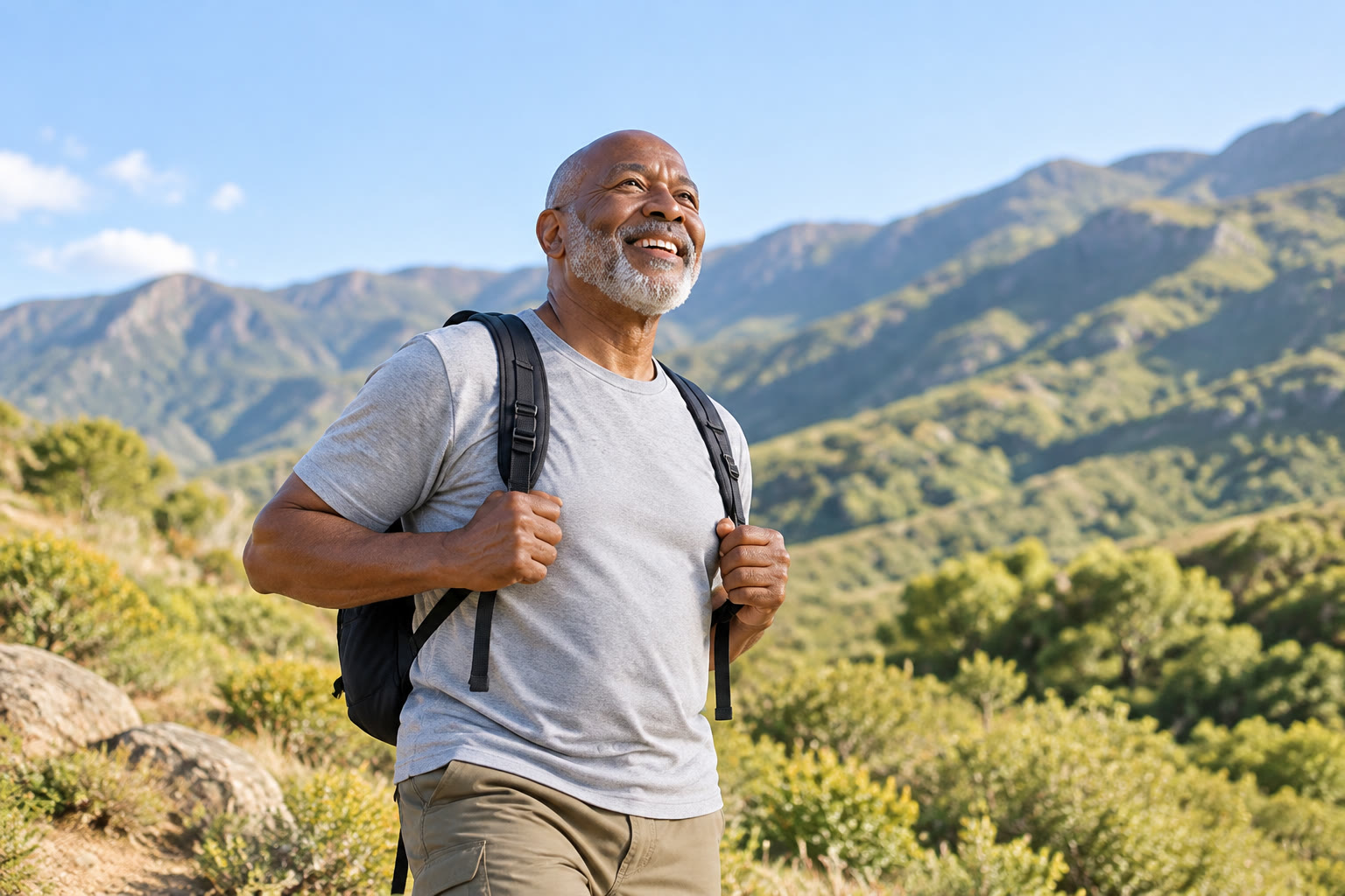A smiling older man with a backpack hiking in the mountains