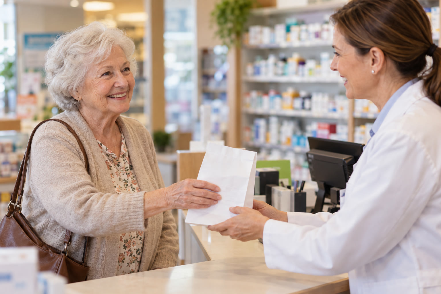 A pharmacist handing a receipt to an older patient at the pharmacy counter