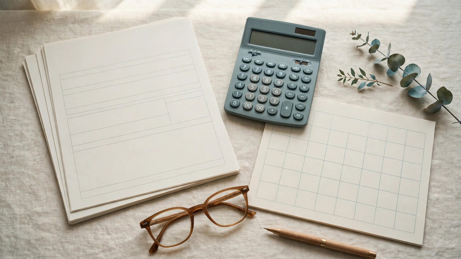 Blank enrollment paperwork, a calculator, a calendar page, and reading glasses on a desk