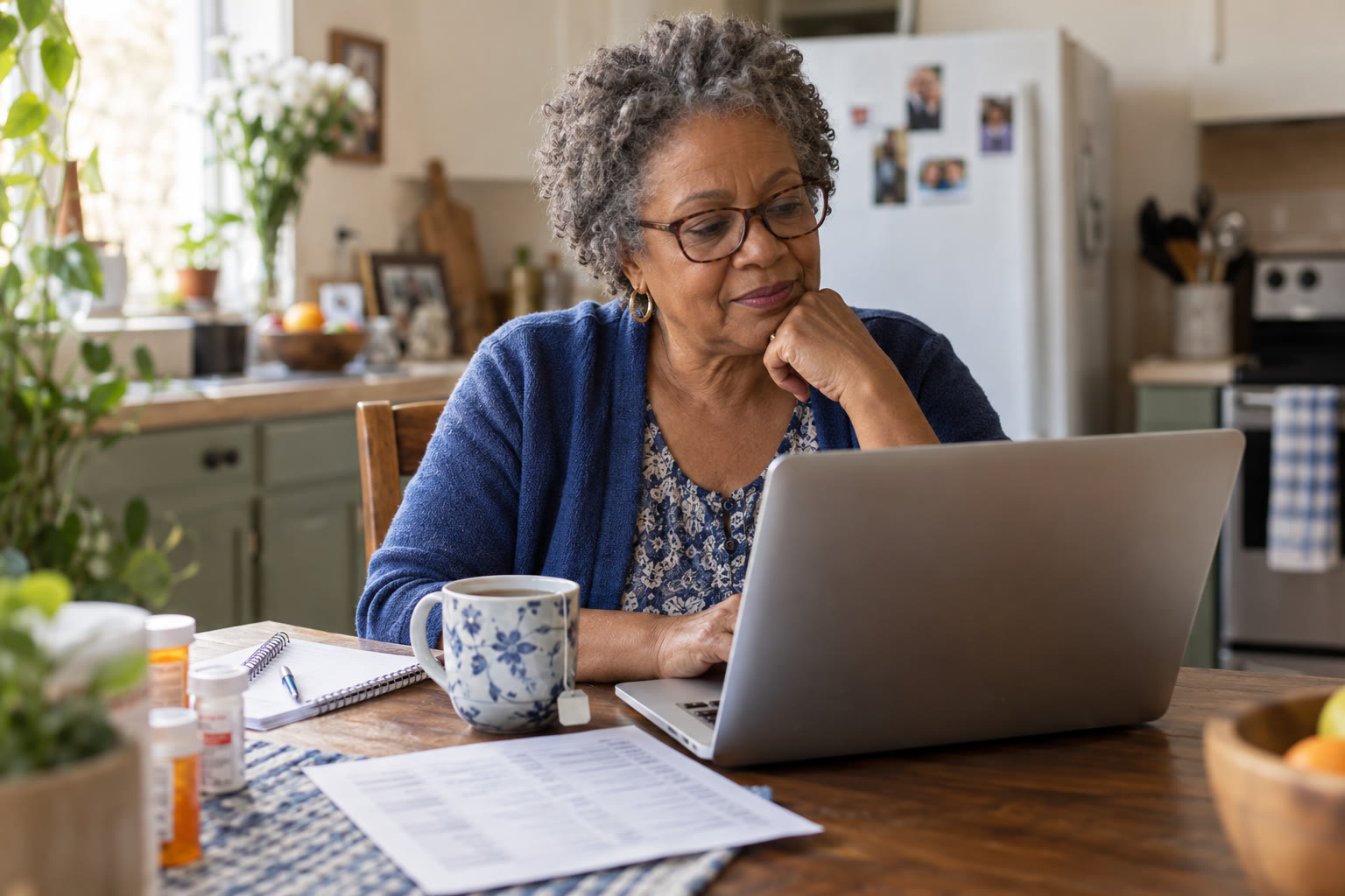 A woman comparing Medicare plans on a laptop at her kitchen table, a printed medication list beside her